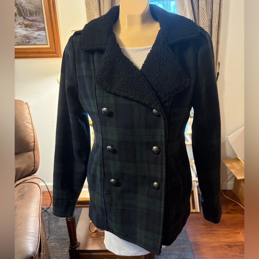 YMI Black and Green Plaid Peacoat